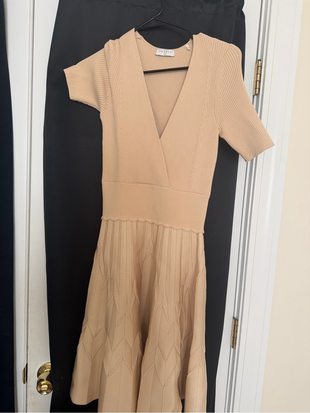 Sandro Beige Ribbed V-Neck Midi Dress